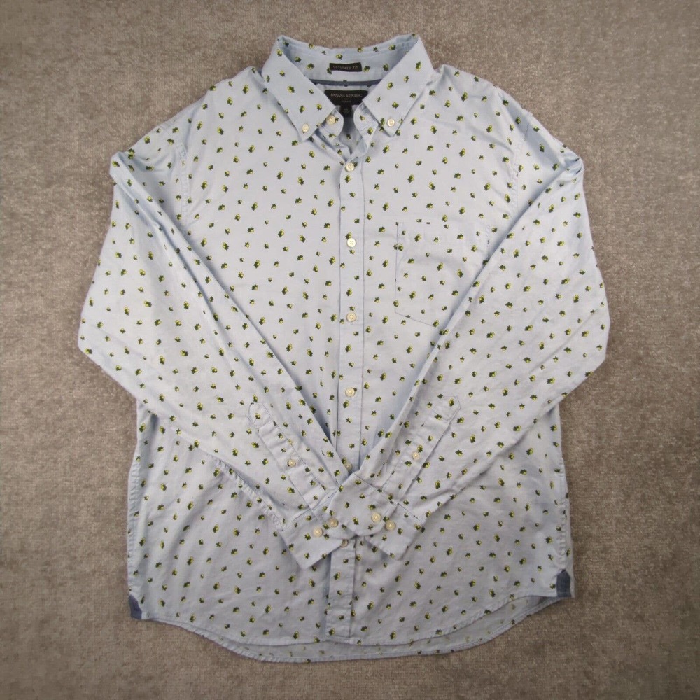 Banana Republic Button Down Shirt Mens XL Blue Untucked Fit Oxford Lemon Print